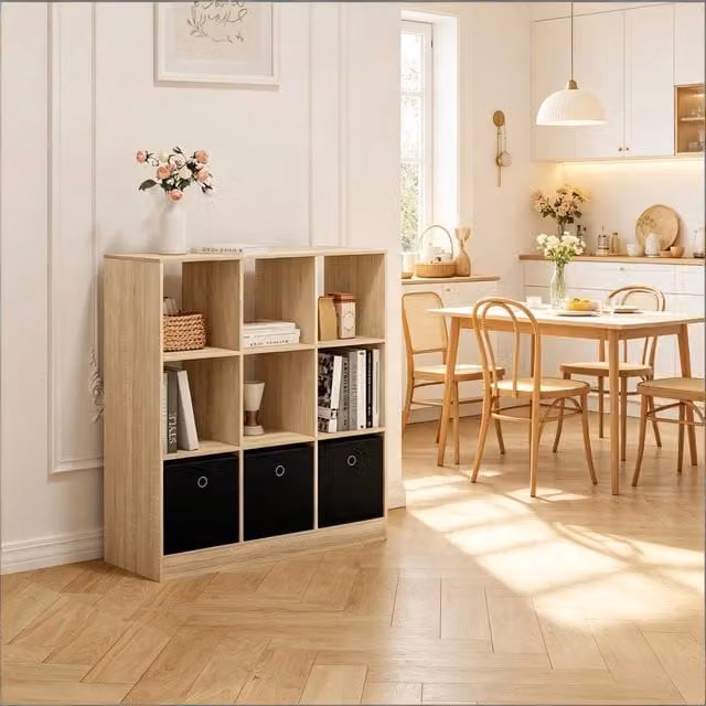 Libreria a cubi REDOM in rovere chiaro e nero con 3 cassetti in tessuto L 80 cm x H 86,5 cm x P 30 cm