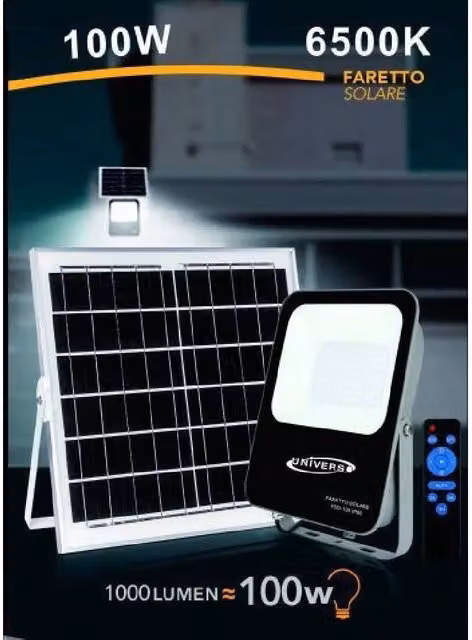 Faretto Faro Led Solare Trade Shop da 100 Watt con Telecomando, Luce Fredda 6500K, Impermeabile IP65
