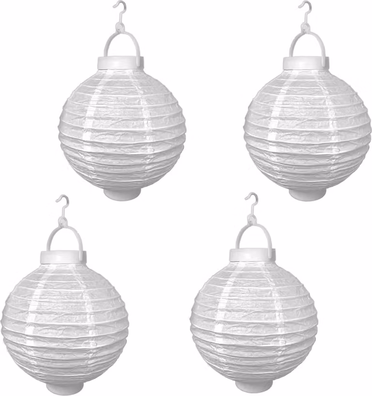 Set di 4 lanterne LED, ideali per feste e giardini, diametro 20 cm, colore bianco. Include paralumi decorativi a forma di sfera