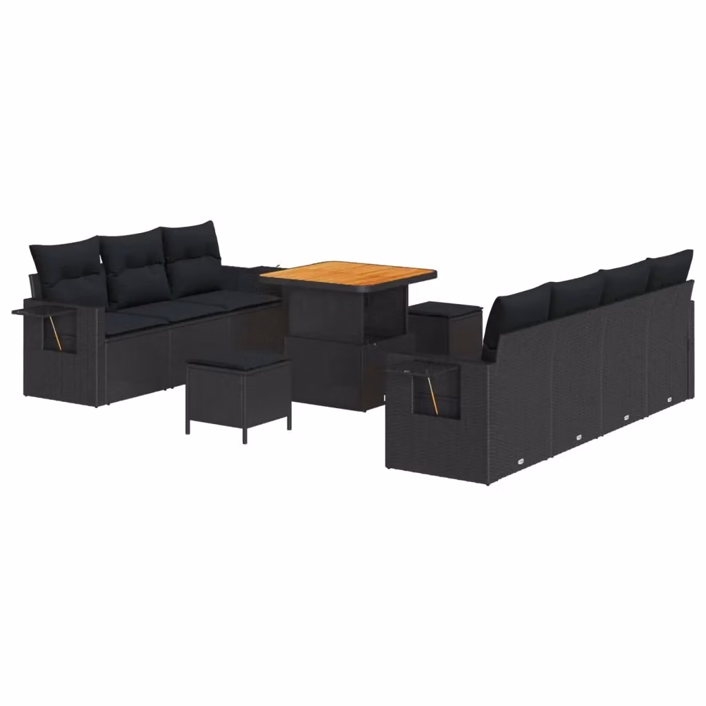 Set Divano da Giardino vidaXL 10 Pezzi in Polyrattan Nero con Legno di Acacia e Cuscini – 2