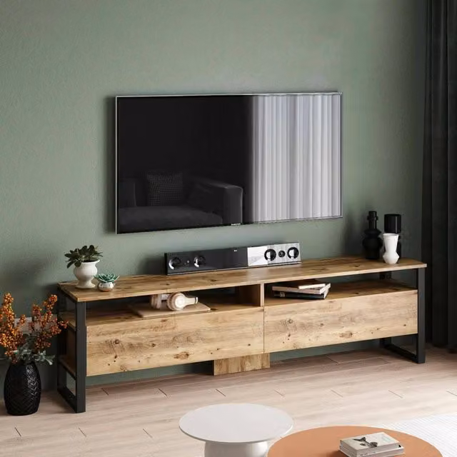 Mobile porta TV Khartum DMORA in legno color quercia, credenza moderna per soggiorno L: 180 cm, P: 35,5 cm, H: 56 cm – 1