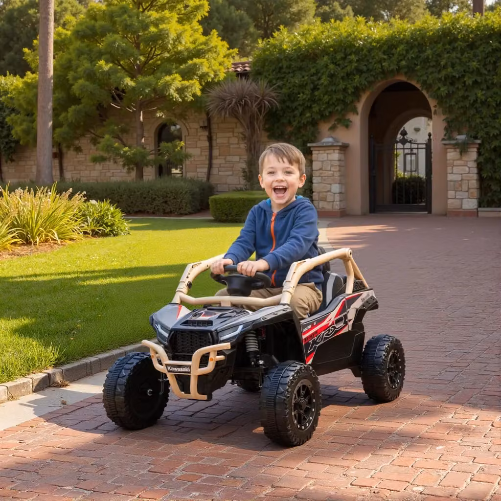 Macchina Elettrica Kawasaki per Bambini 12V con Doppio Motore, Telecomando e Musica, Giallo e Nero – 2