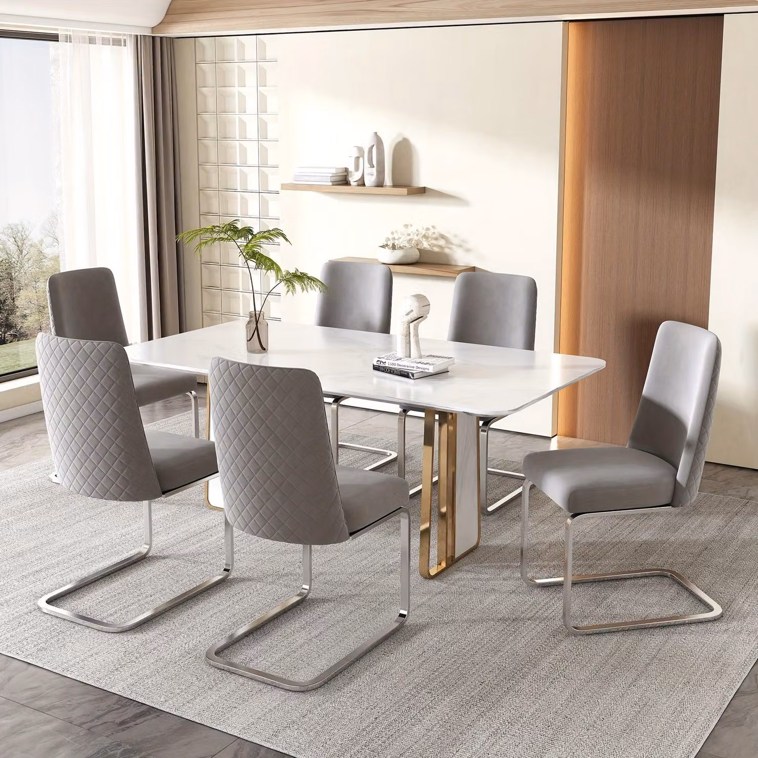 Set di sei eleganti sedie da pranzo con motivo a quadri e gambe in metallo