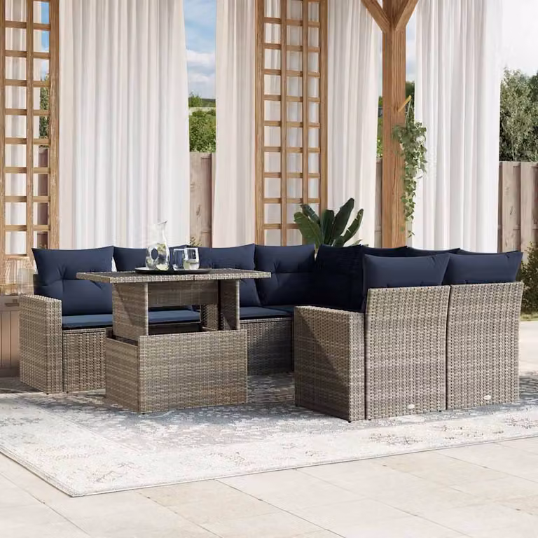 Set di divani da giardino vidaXL in polyrattan grigio con cuscini e tavolino da esterno 9 pz