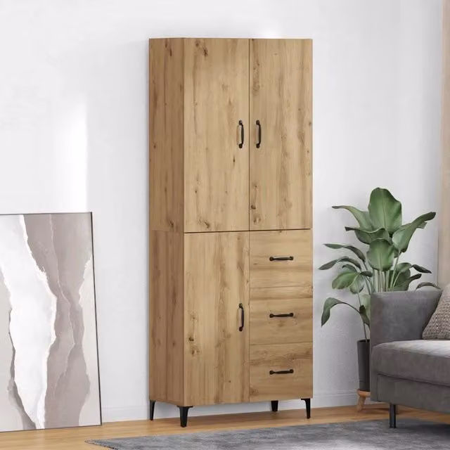 Credenza moderna vidaXL in rovere e legno, colore marrone e nero, da appendere al muro, L: 69,5 cm, P: 34 cm, H: 180 cm