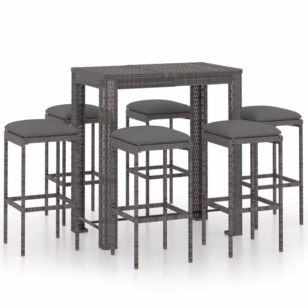 Set da Bar da Giardino 7 pz con Cuscini in Polyrattan Grigio