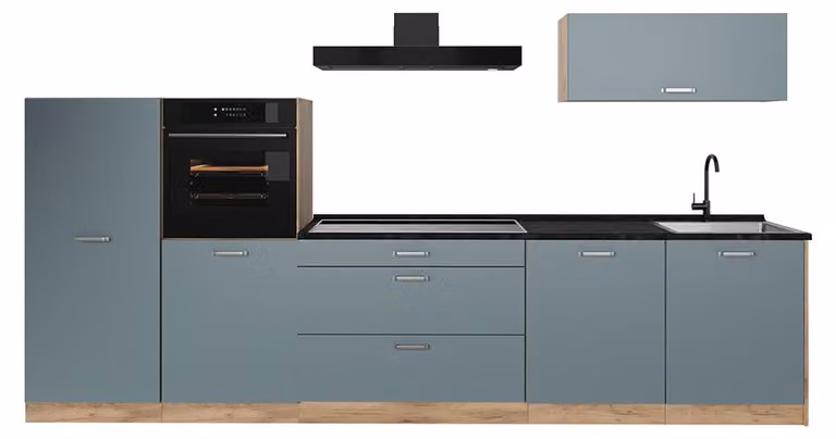 Cucina componibile Vicco R-Line Grigio-blu/Rovere dorato 340 cm senza piano di lavoro, Model 67304