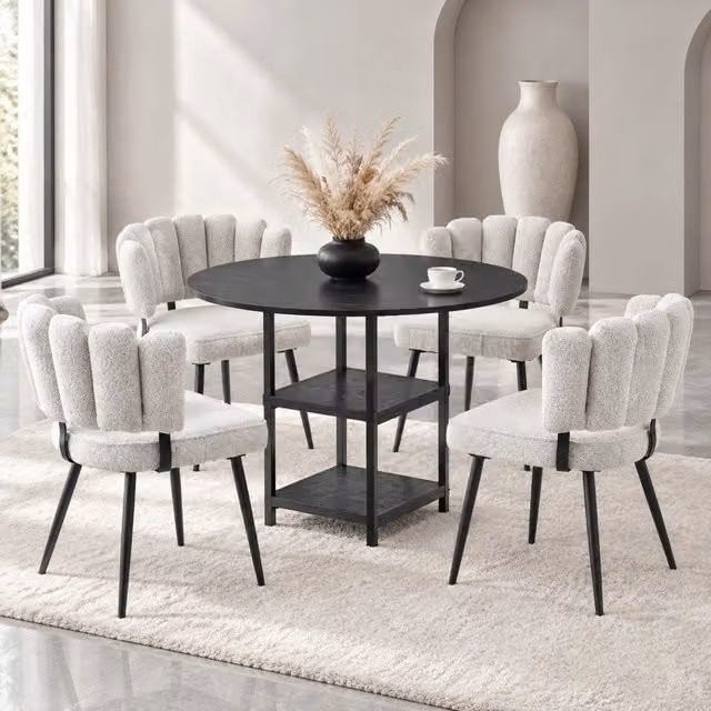 Set da pranzo industrial con tavolo rotondo 107 cm e 4 sedie grigio chiaro con schienale a fiore in tessuto strutturato