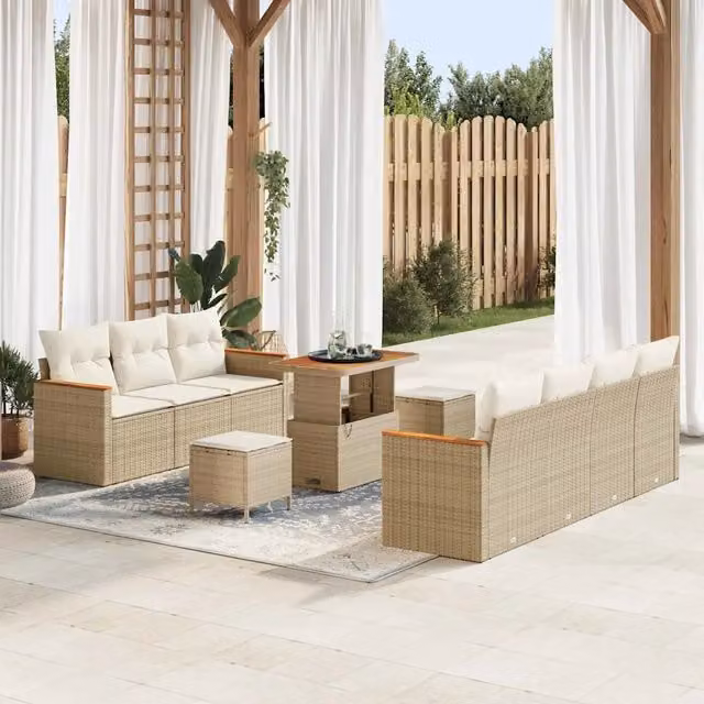 Set Divano da Giardino 10 Pezzi vidaXL in Polyrattan Beige con Cuscini e Tavolino da Esterno – 1
