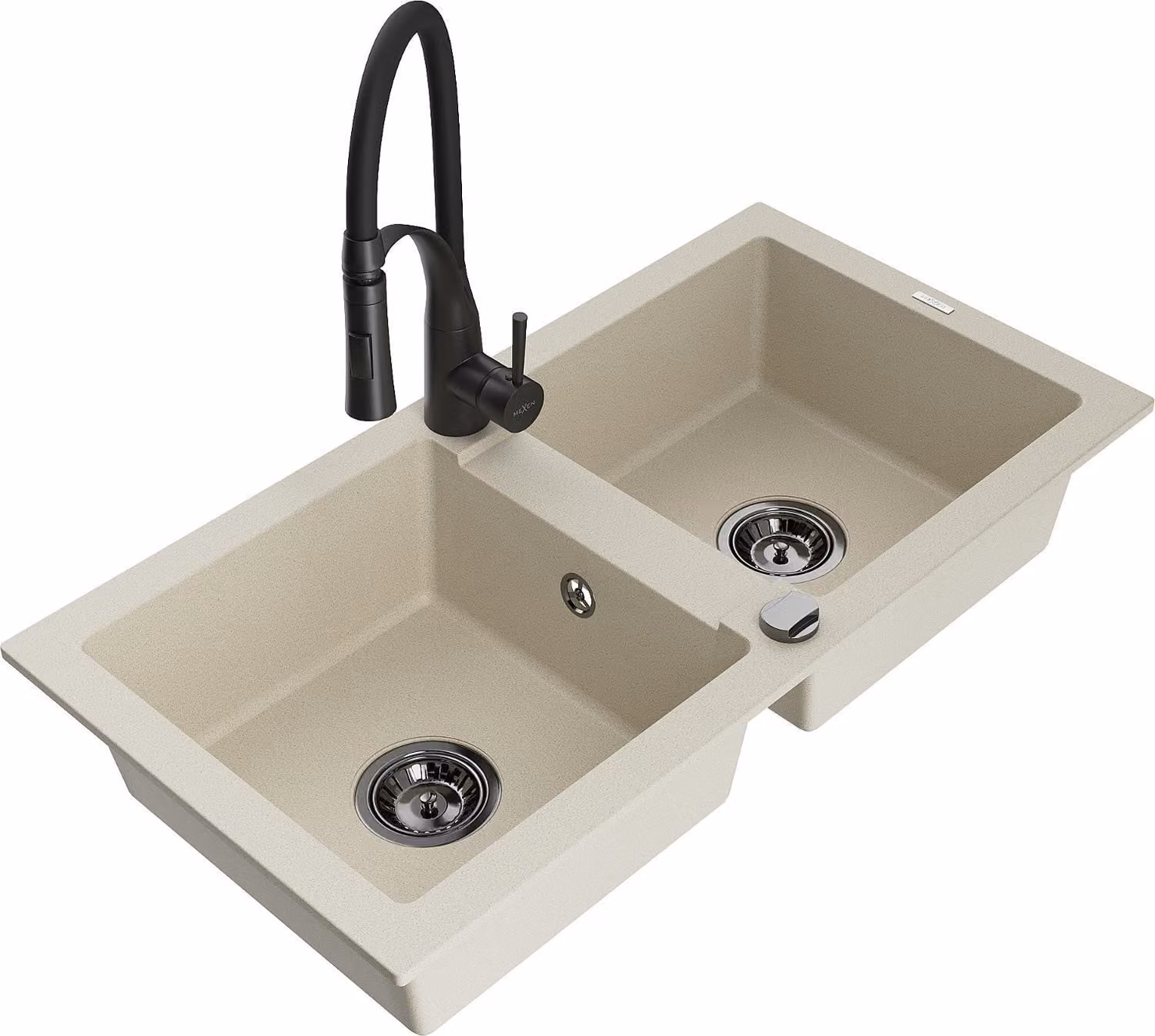 Mexen Mario lavello da cucina in granito a 2 vasche con miscelatore Aster, beige - 6504-69-73450-70-B