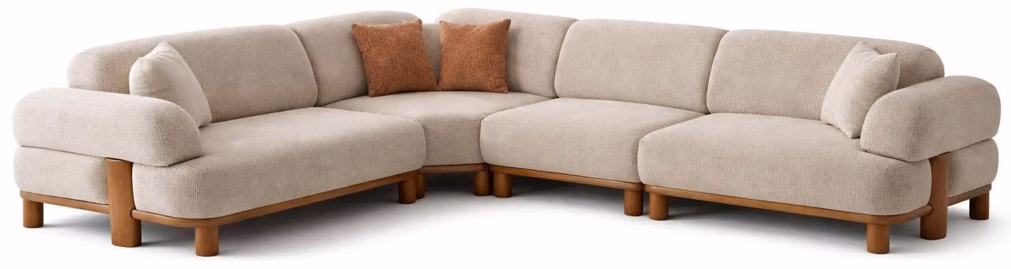 Divano angolare beige, stile moderno, modulare, con braccioli imbottiti e struttura in legno