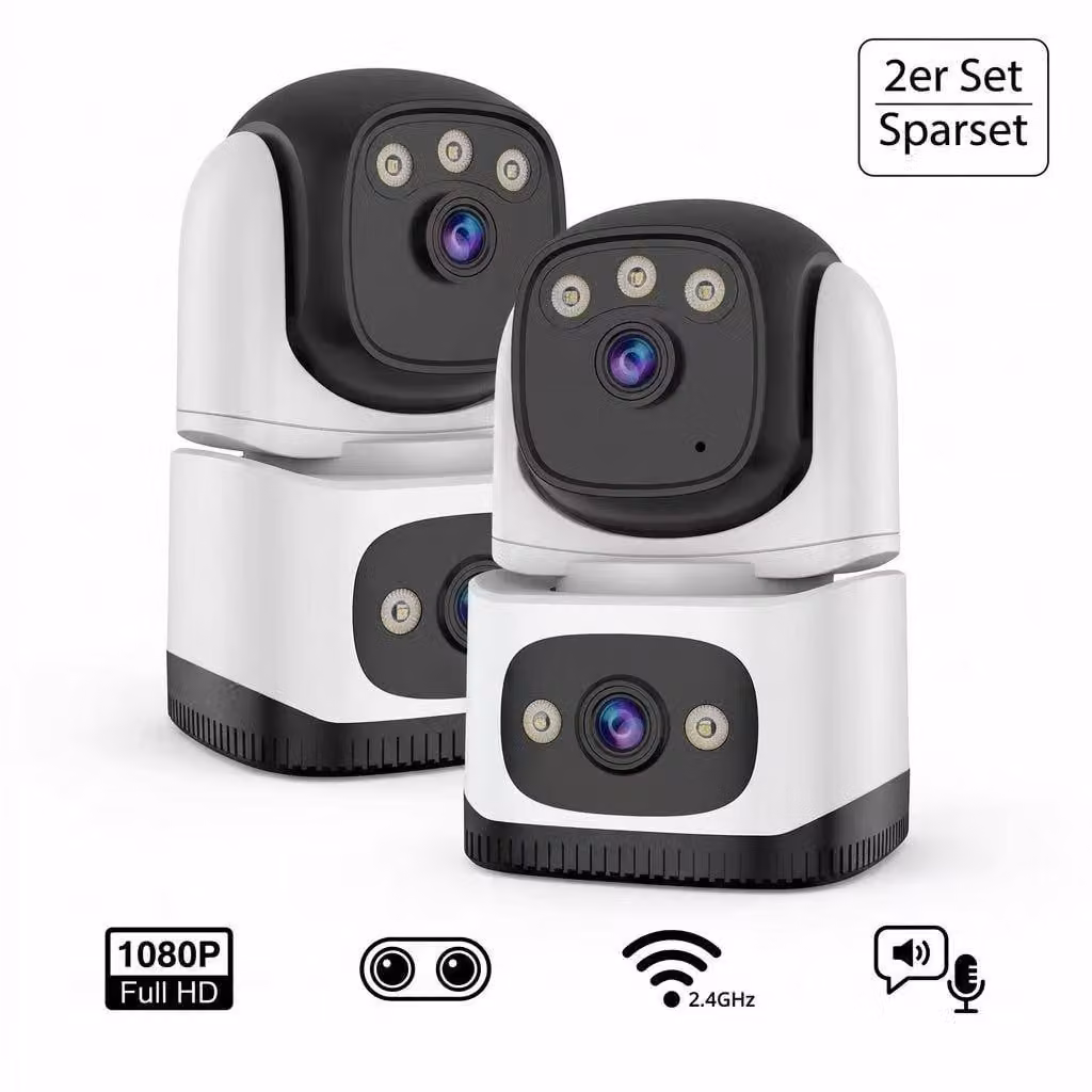 [Set da 2] Telecamera di sicurezza interna con doppia lente, 1080P – Telecamere PTZ Wi-Fi, set con doppia visuale, visione notturna a colori, intelligenza artificiale e audio bidirezionale