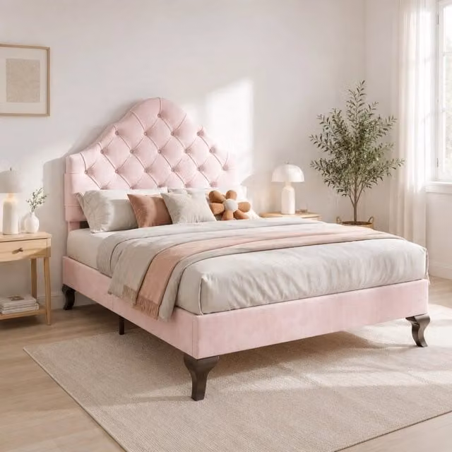 Letto imbottito 90x200 cm con rete a doghe e testiera regolabile in velluto rosa