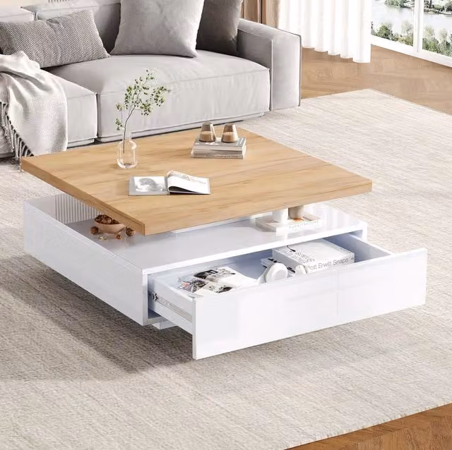 Tavolino da caffè quadrato MODFU con piano girevole 360 e cassetto, finitura noce e bianco lucido, L/P/H: 70 x 70 x 36 cm – 1
