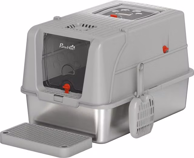 Lettiera per gatto chiusa XL PawHut in acciaio inox con coperchio, gradino raccogli-lettiera e paletta, Grigio Chiaro – 1