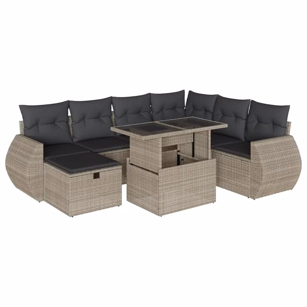 vidaXL Set Divano da Giardino a L in Polyrattan con Cuscini Grigio Chiaro e Tavolino da 8 Pezzi – 2