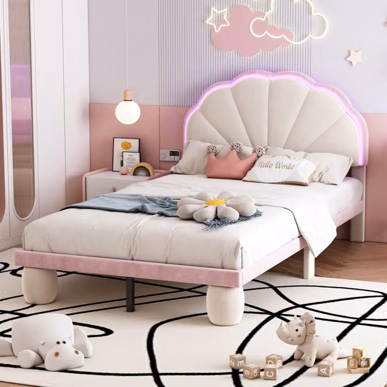 Letto imbottito Fortuna Lai 90x200cm con testata smerlata e LED, gambe tonde imbottite e rete a doghe, letto per ragazzi letto per bambini letto singolo in velluto, beige/rosa