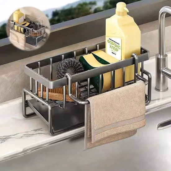 Organizer per lavello Grijser con vaschetta di scarico autosvuotante, portaspugna per lavello da cucina, portastrofinacci, organizer per lavastoviglie da appoggio sul piano del lavello