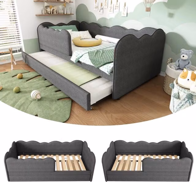 Letto da giorno imbottito 90x190 cm con letto estraibile, lino grigio