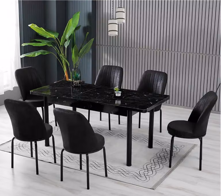 Tavoli da pranzo, set da pranzo, sedie, forma rettangolare, tavolo moderno, colore nero