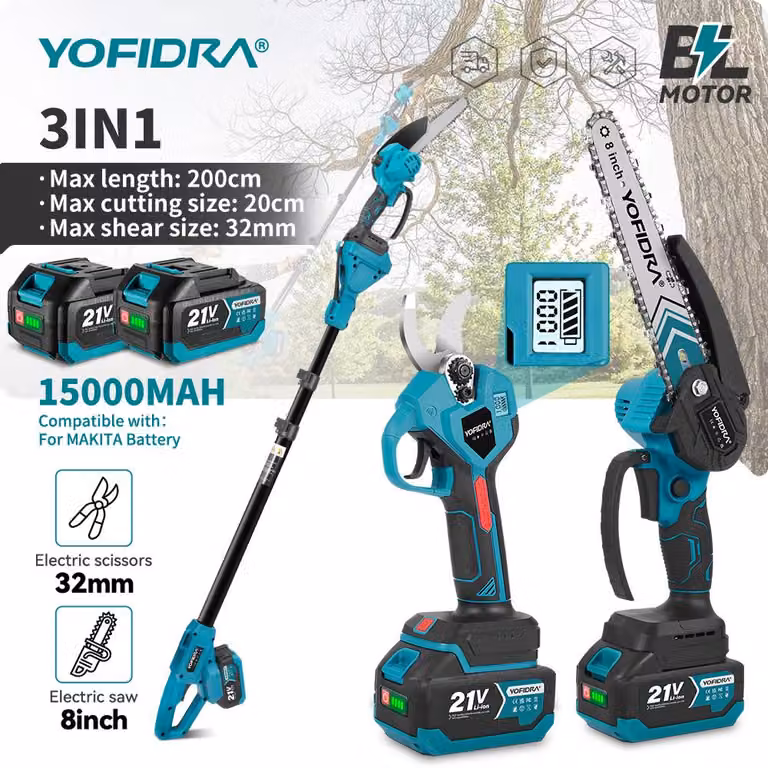 Troncatrice elettrica a catena, 2 batterie - Lame da taglio da 15 cm - Batteria al litio da 18-21 V - Palo telescopico regolabile
