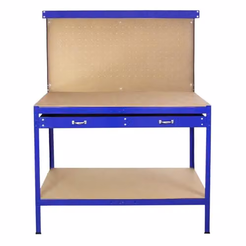 Banco da Lavoro a 3 Livelli con Piano da 120x60cm Ultra Resistente e Pannello Parete Forata Porta Attrezzi Utensili e 40 Ganci universali GRATIS + 2 Mensole e Cassetto - Blu