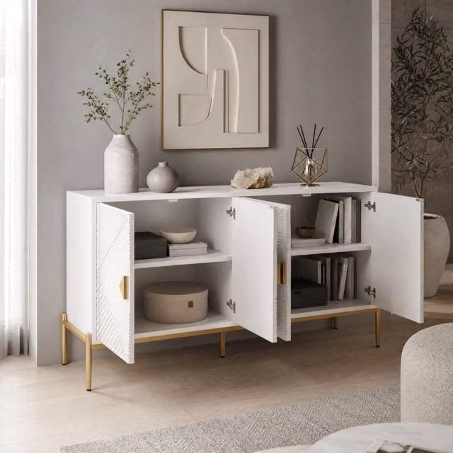 Sideboard moderno 162 x 40 x 80 cm bianco con ante geometriche e gambe in metallo