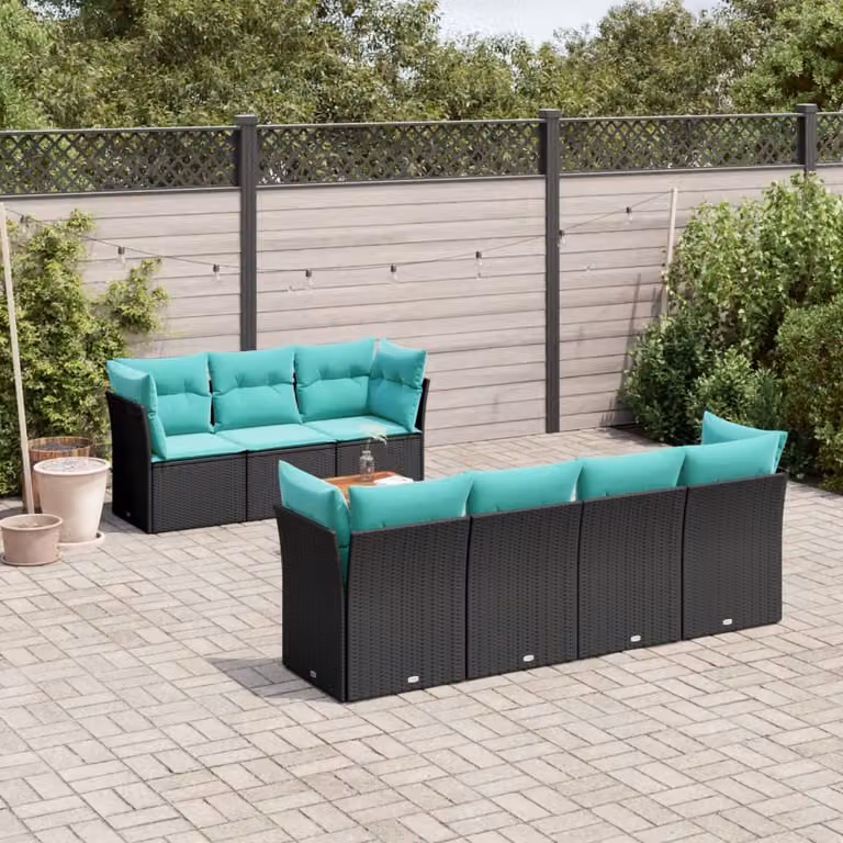 Set Divani da Giardino vidaXL 8 pz in Polyrattan Nero con Cuscini e Tavolino da Esterno a Forma di L