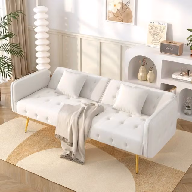 Divano letto 2 posti ULEVR 178x82x70 cm con schienale e braccioli regolabili, velluto bianco antico