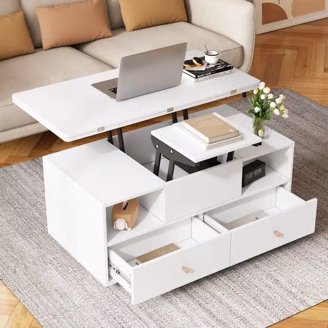 Tavolino da salotto elevabile con 4 cassetti, vano aperto e ruote con freno, in MDF bianco, 100 × 50 × 47,5 cm