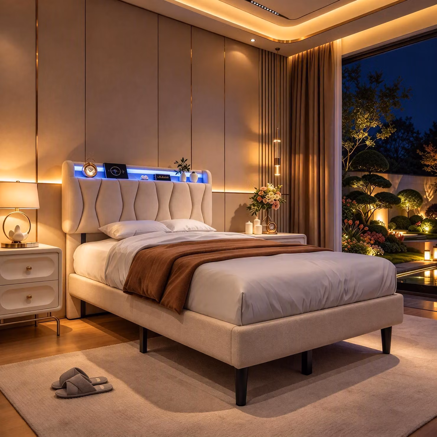 Letto imbottito INONEFT, 90 x 200 cm, moderno, con testiera imbottita, struttura del letto con illuminazione LED e stazione di ricarica (beige, 90 x 200 cm)