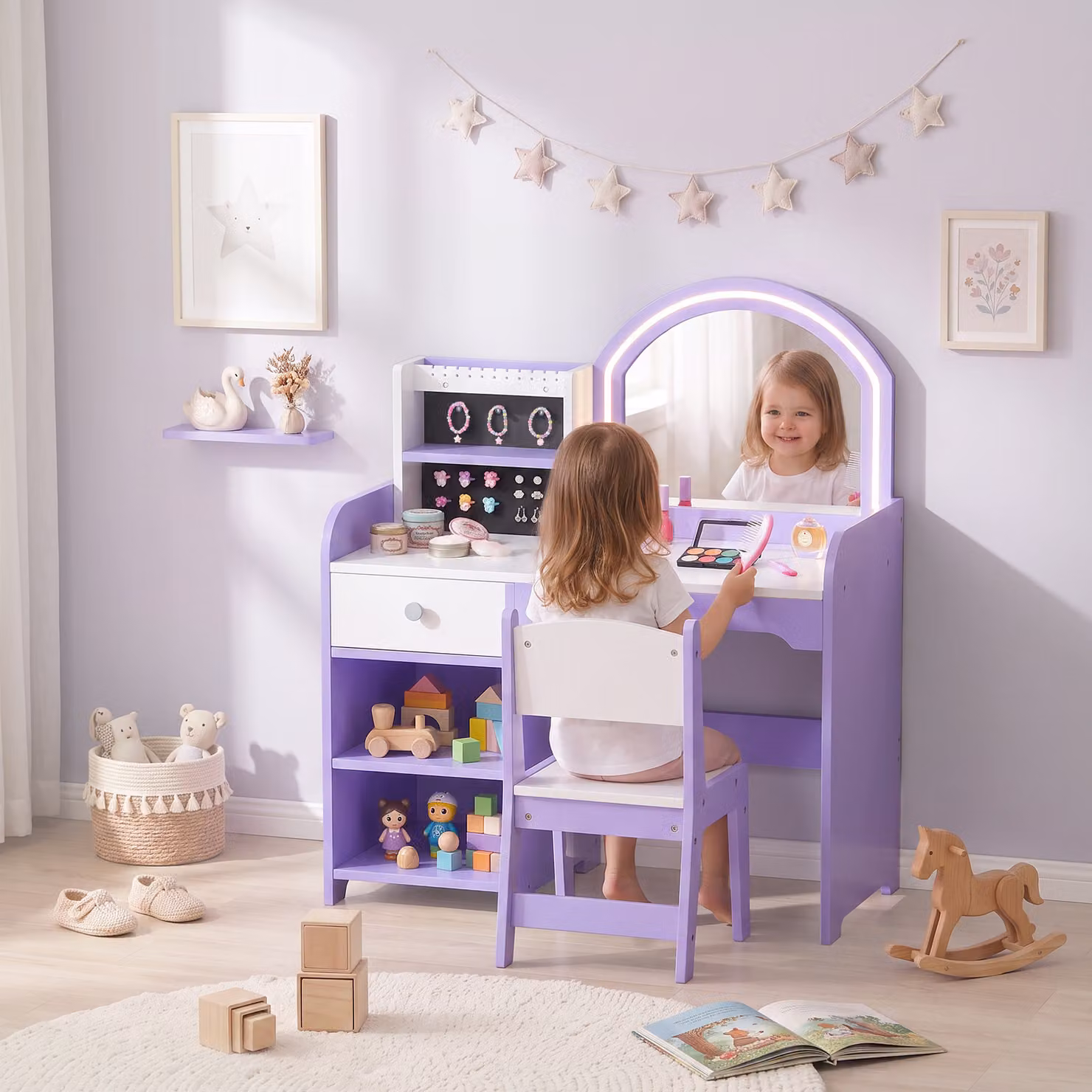 Set Toeletta Trucco Bambina 2 in 1 AIYAPLAY con Sgabello, Specchio Hollywood LED a 2 Colori e Portagioielli, Colore Viola – 2