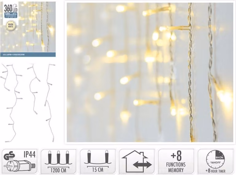 Barriera luminosa a LED bianco caldo, 360 LED, cavo trasparente, interno/esterno, 15 m
