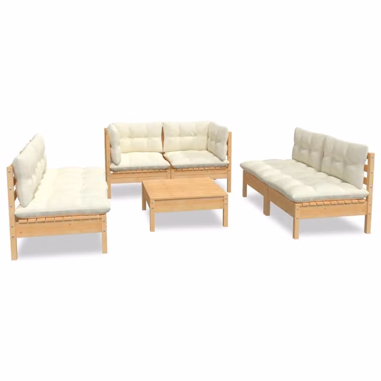 Set Divani da Giardino 7 pz con Cuscini Crema in Massello di Pino