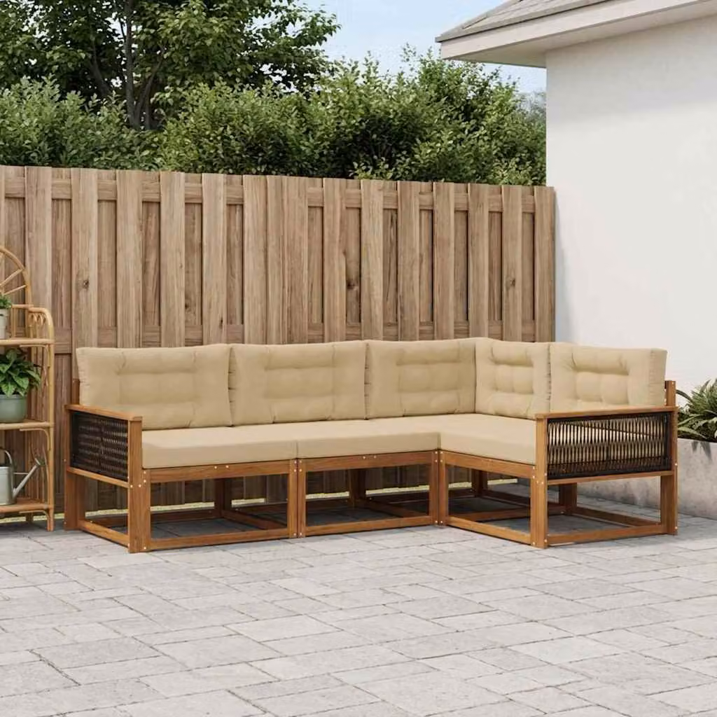 Set di divani da esterno vidaXL a forma di L composto da 4 pezzi in legno di acacia con cuscini beige e marrone