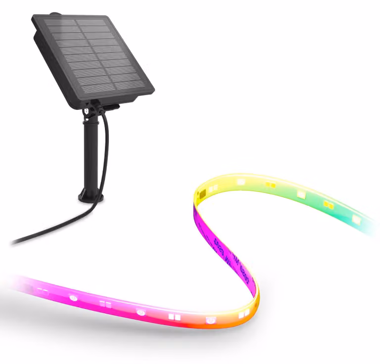 CALEX Vista Solar, striscia LED, 3 metri, luce colorata e bianco caldo, ricaricabile tramite energia solare e USB-C, impermeabile, con telecomando