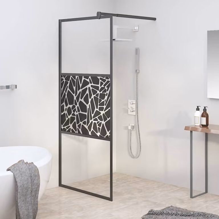 Parete Doccia Walk in vidaXL con Vetro ESG e Design Pietre, Nero e Trasparente, L: 90 cm, H: 195 cm