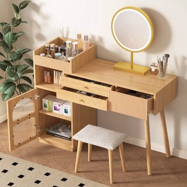 Toeletta Mivray con specchio LED regolabile a 3 colori e 3 cassetti, colore beige, L/P/H: 120 x 40 x 90 cm
