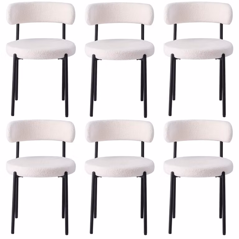 Sedie da pranzo - Set da 6 - Stile Mid-Century Modern - Seduta rotonda - Imbottite - Gambe in metallo - Assemblaggio richiesto - Bianco
