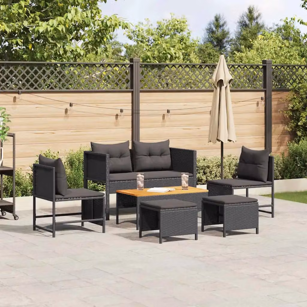 Set Divano da Giardino vidaXL 6 Pezzi Moderno a Forma di L Nero con Poltrone, Tavolino e Pouf in Polyrattan e Acciaio
