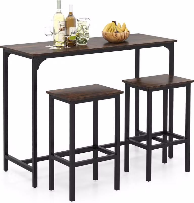 Set tavolo e sedie da bar, tavolo da pub rettangolare da 120 cm con 2 sgabelli, set da tavolo ad altezza bar con struttura in metallo e poggiapiedi, caffè