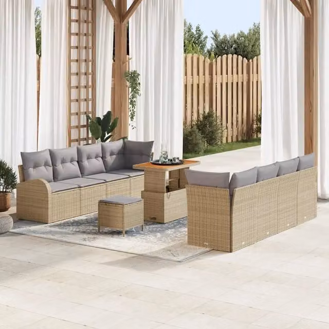 Set Divano da Giardino vidaXL 11 Pezzi in Polyrattan e Legno di Acacia Beige – 1