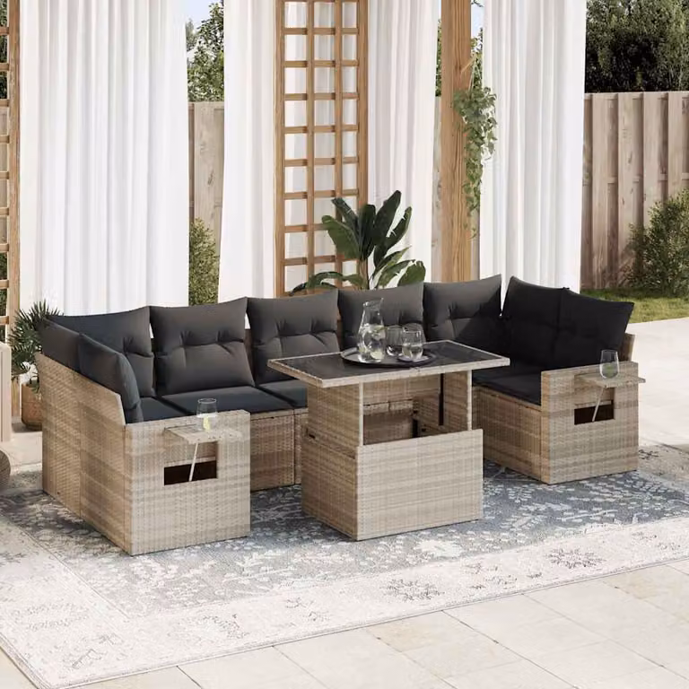 Set Divano da Giardino vidaXL 8pz in Polyrattan con Cuscini Grigio Chiaro