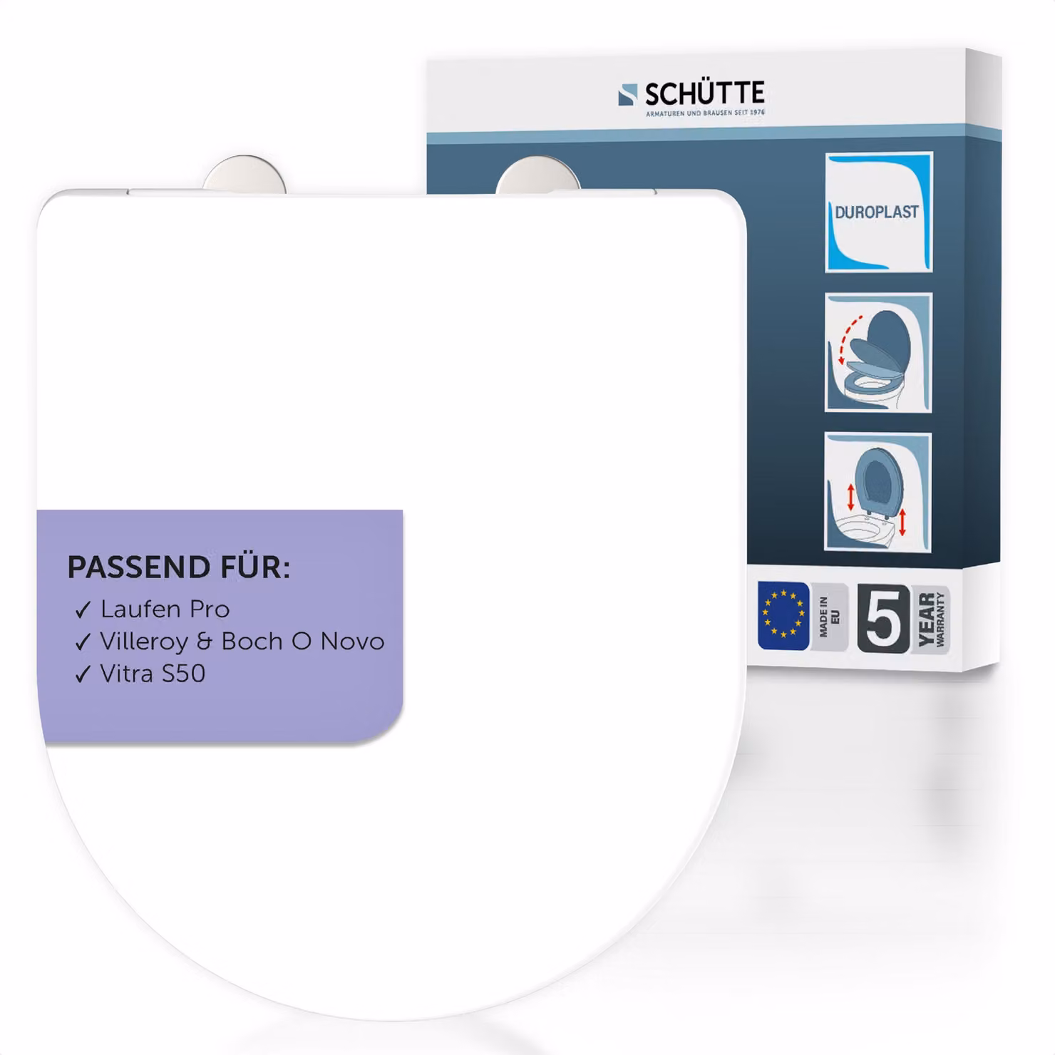 Sedile per WC SCHÜTTE Duroplast adatto per Laufen PRO, Villeroy & Boch O NOVO, Vitra S50, bianco