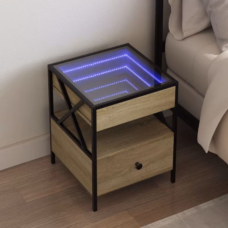 Comodino con LED Infinity vidaXL in Rovere Sonoma e dettagli in metallo, L 40 cm, P 40 cm, H 51 cm