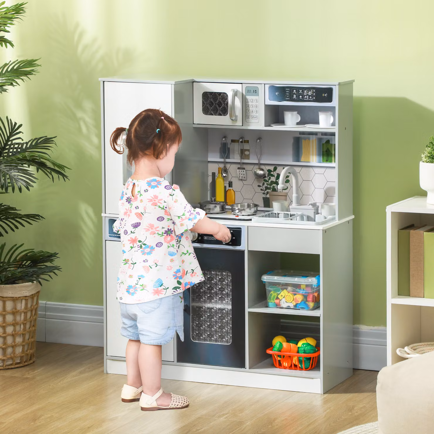 Set Cucina Giocattolo in Legno AIYAPLAY con Fornello con Luci e Suoni, Lavello con Circolo d'Acqua e Accessori, Bianco – 2