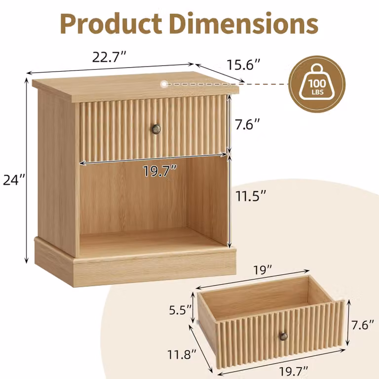 Tavolino da notte moderno - Tavolino aggiuntivo per la camera da letto - 1 cassetto - Ripiano aperto - Superficie scanalata - Legno - Altezza 61 cm - Colore kaki