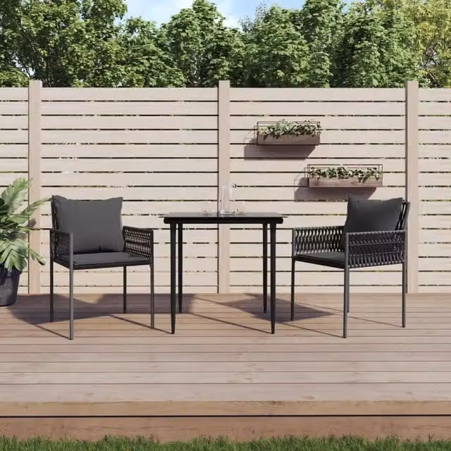 Set di 2 sedie da giardino vidaXL in polyrattan con cuscini neri e grigi, L: 54 cm, P: 61 cm, H: 83 cm