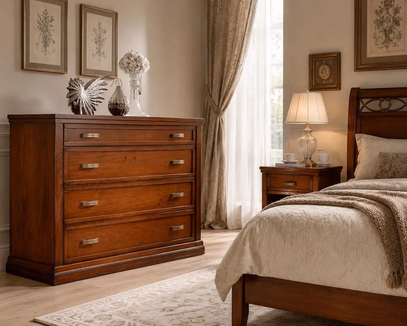Cassettiera classica in legno con 4 cassetti Mobili 2G colore noce L: 128 cm, P: 55 cm, H: 95 cm – 5