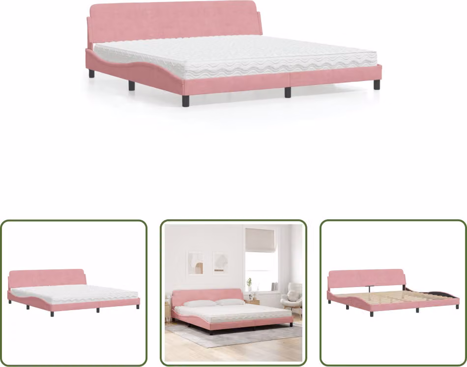 The Living Store Letto con materasso rosa 200x200 cm in velluto